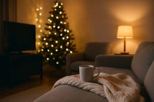 Cozy living room during the holidays with soft lights and a quiet, relaxed atmosphere.