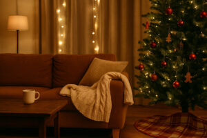 a cozy comfortable couch at Christmas