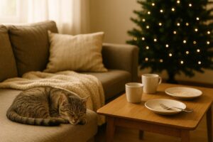 a cozy cat sleeping on a couch