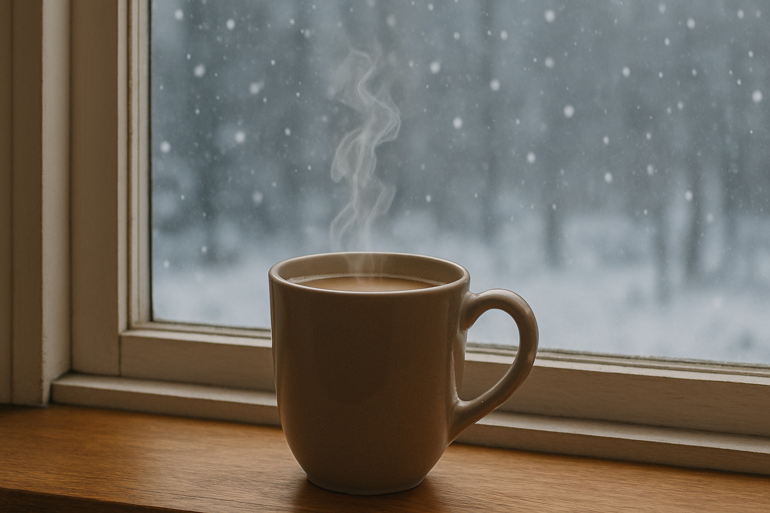 cup - Low Two Pair steaming hot chocolate on a windowsill with soft snow falling outside.