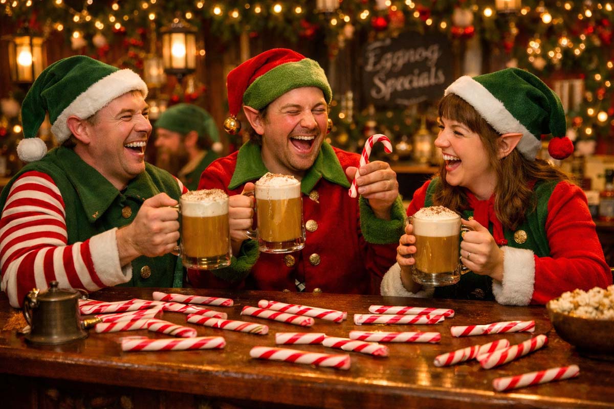 elves enjoying some eggnog after work