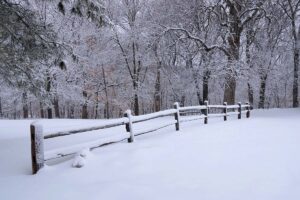 fresh snowfall on a wooden fence