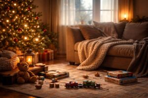 a quiet room showing the chaos of Christmas morning