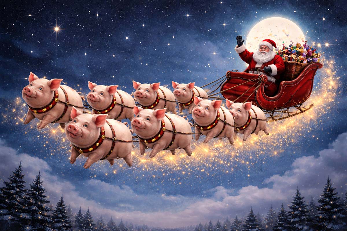 Santa being pulled by pot-bellied pigs