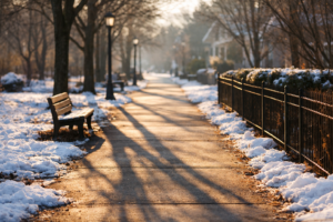 a wintery sidewalk scene
