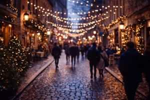 A glowing December street with warm lights and gentle motion, capturing the feeling of holiday focus and nostalgia.