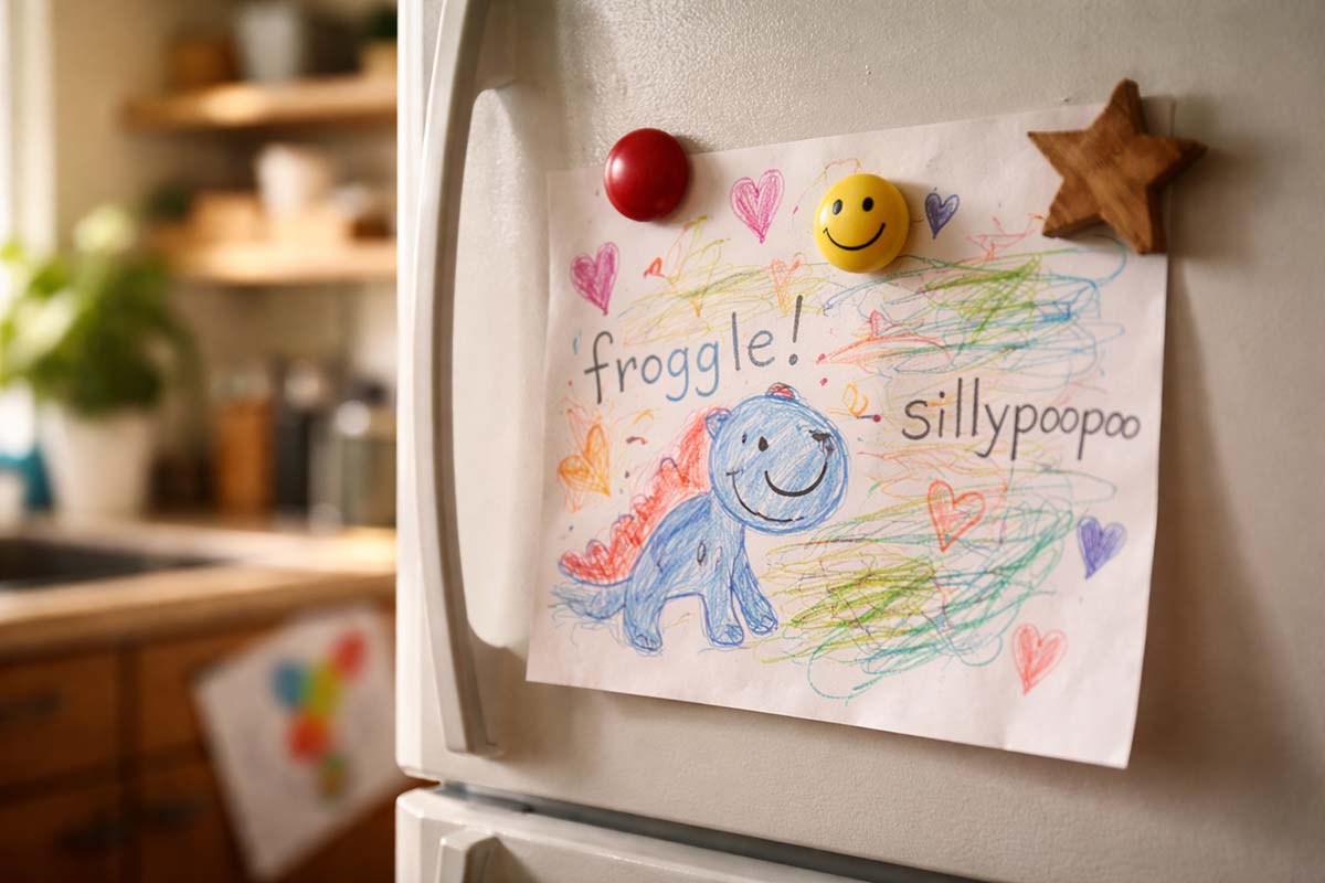 A child’s colorful drawing held on a refrigerator with magnets, capturing playful language and imagination.