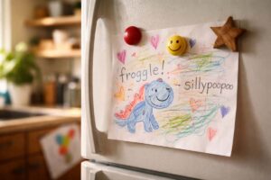 A child’s colorful drawing held on a refrigerator with magnets, capturing playful language and imagination.