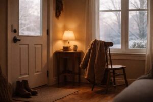 A quiet late January room with a coat on a chair near the door and pale winter light through a window, suggesting a lived in moment of reflection.