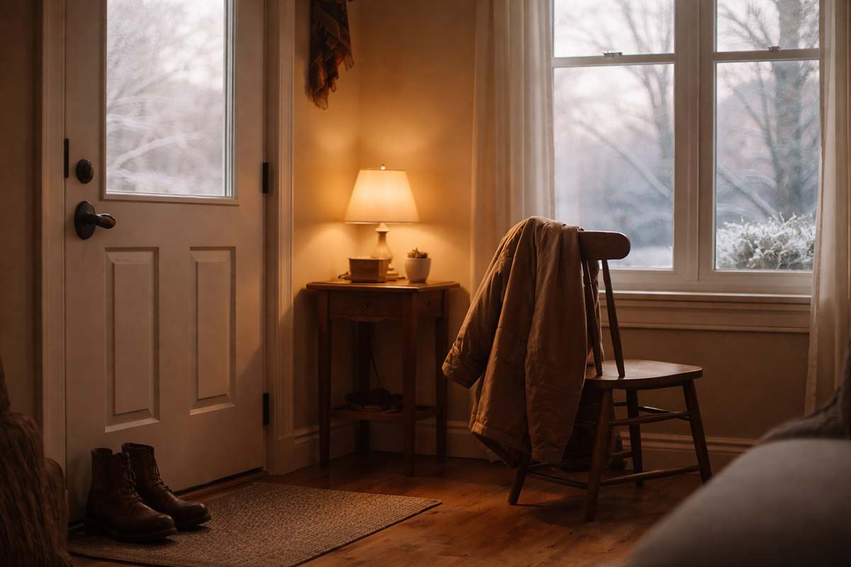 A quiet late January room with a coat on a chair near the door and pale winter light through a window, suggesting a lived in moment of reflection.