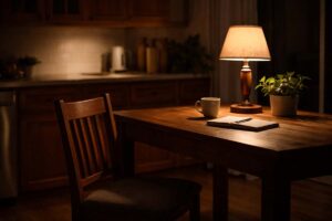 An empty kitchen table at night with a chair pulled back and soft lamplight, suggesting pause and restraint.