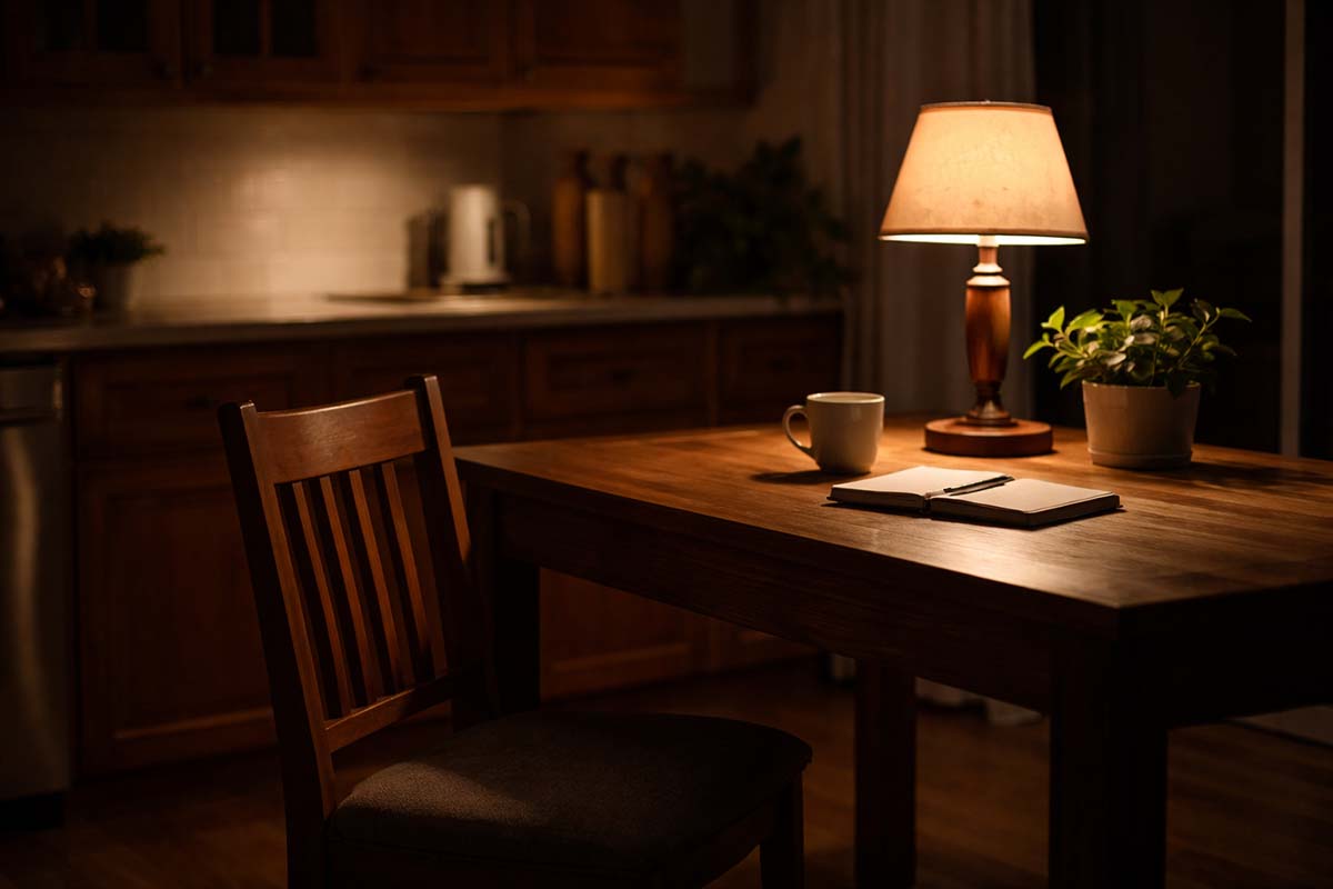 An empty kitchen table at night with a chair pulled back and soft lamplight, suggesting pause and restraint.