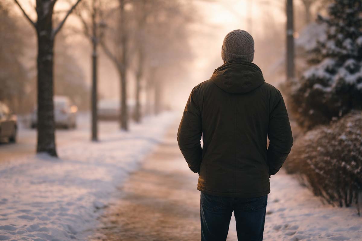 A person standing quietly on a winter sidewalk with hands in their pockets, suggesting a moment of pause and intention.