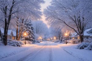 Fresh snow covering a quiet neighborhood street at dawn, with soft morning light illuminating trees and rooftops.