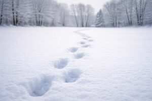A single set of footprints crossing fresh snow in an open field. The snow is untouched except for the trail, and bare trees stand in the distance under an overcast sky.