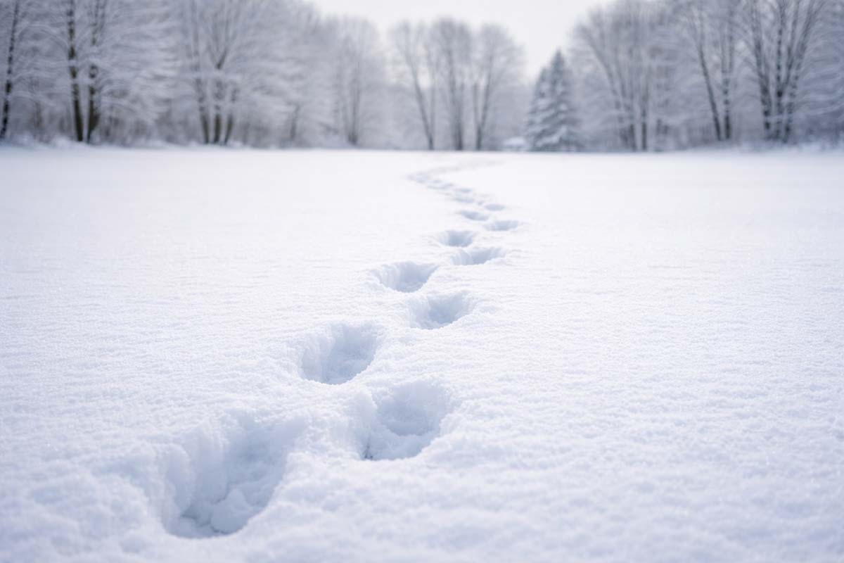 A single set of footprints crossing fresh snow in an open field. The snow is untouched except for the trail, and bare trees stand in the distance under an overcast sky.