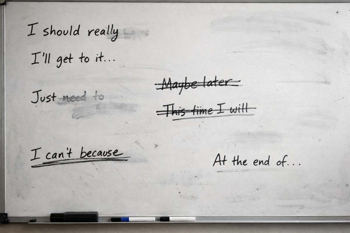 A whiteboard or chalkboard with several short phrases written on it, some crossed out, some half erased. Only fragments remain. No full sentences.