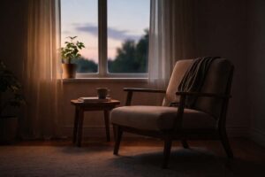 A quiet, empty chair near a window in soft evening light, suggesting reflection and unspoken thoughts.