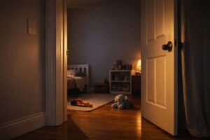 An empty child’s bedroom doorway at dusk, with soft hallway light spilling into the room, suggesting a quiet transition and the passing of time.