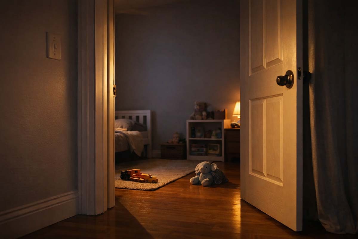 An empty child’s bedroom doorway at dusk, with soft hallway light spilling into the room, suggesting a quiet transition and the passing of time.