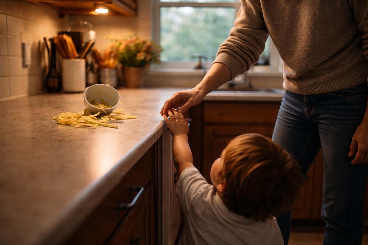 counter-2 - Low Two Pair child reaching for snacks off a counter