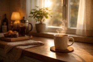 Soft morning light entering a quiet kitchen with a cup of coffee on the counter, suggesting a calm start to the day.