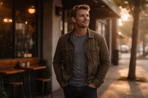 a man smiling as he walks down the street