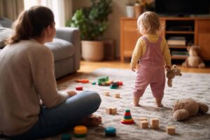 A parent sitting on the floor watching a toddler who has stopped cooperating, with toys scattered around a softly lit living room.