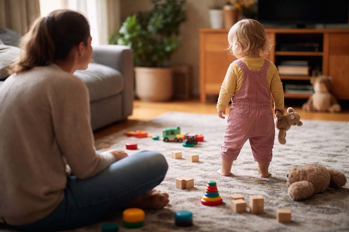 A parent sitting on the floor watching a toddler who has stopped cooperating, with toys scattered around a softly lit living room.
