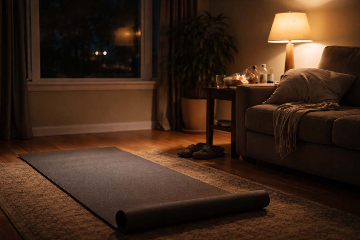 A calm evening living room scene suggesting reflection, imperfect routines, and caring for the heart.